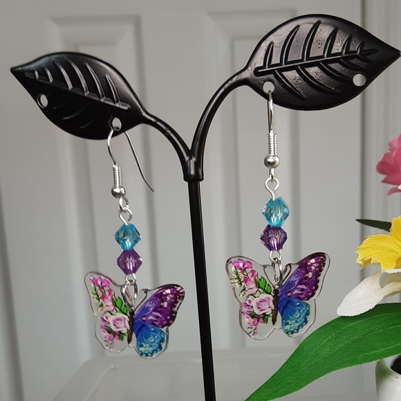 Handmade Butterfly Earrings Resin Purple Teal - Picture 5 of 5